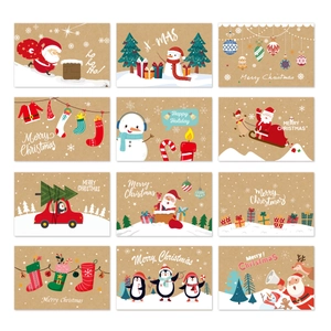 Set of 12 vintage kraft paper Christmas greeting cards with classic holiday illustrations