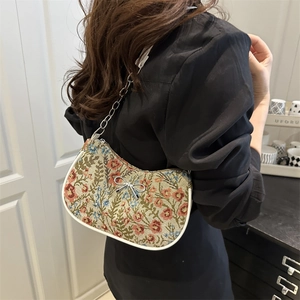 Sac Sous les Aisselles Vintage Floral Jacquard pour Femmes Élégant Nœud Chaîne en Métal Sac à Épaule Style Chinois