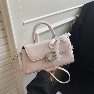 Elegant PU Leather Crossbody Handbag For Women Rhinestone G Buckle Small Square Bag With Artificial Pearl Lace Bow Decor