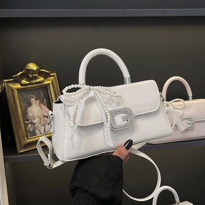 Women's Elegant PU Leather Small Square Bag G Letter Rhinestone Artificial Pearl Lace Bow Handbag Crossbody Shoulder Bag Party Purse