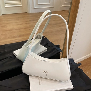 New French Style Bow Shoulder Bag For Women PU Leather Solid Color Baguette Hobo Underarm Bag Fashion Casual Chic Small Square Purse