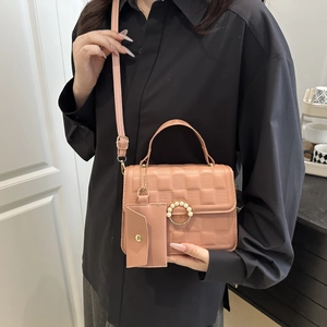 Elegant Women PU Leather Grid Embossed Handbag With Artificial Pearl Ring Buckle And Detachable Mini Pouch Crossbody Shoulder Bag