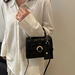 Mini black quilted shoulder bag with pearl buckle and matching pendant bag for women