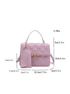Detailed size chart for lilac checkered crossbody bag with chain and pearl buckle