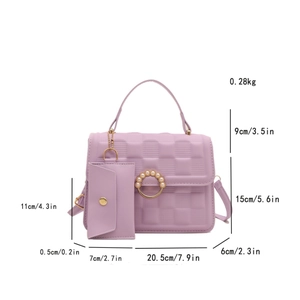 Lavender checkered mini crossbody bag with pearl buckle and small envelope charm