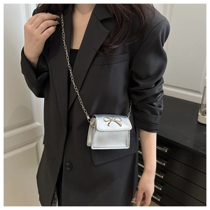 Silver mini crossbody bag with gold bow clasp and metal chain on black blazer