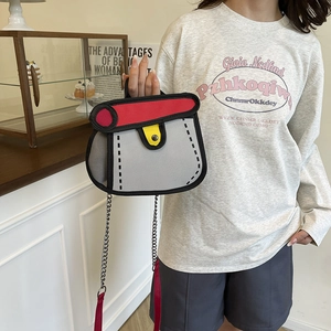 Cute cartoon canvas crossbody bag with unique 2D comic style design and chain strap