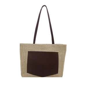 Large woven straw tote bag with brown leather pocket and cute cartoon bear embossing