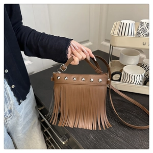 Detailansicht einer braunen Ledertasche mit silbernen Nieten und langen Fransenanhängern