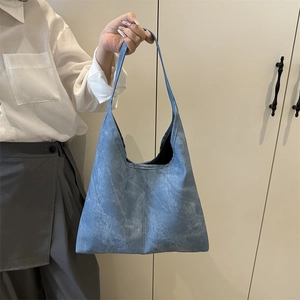 Blue retro tote bag with marble texture, minimalist hobo shoulder bag for women fashion