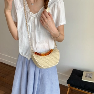 Bolso de Media Luna Tejido para Mujer Con Asa de Perlas de Ámbar Moda PVC Pequeño Bolso Cuadrado Bandolera Vacaciones de Playa