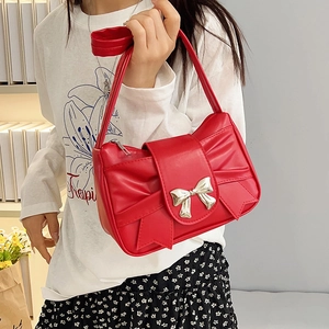 Women's Bow Pleated Shoulder Bag PU Leather Trendy Underarm Bag For Daily Dating Party Sweet Style Handbag