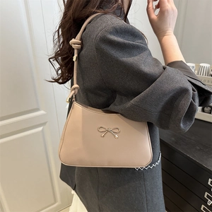 Women PU Leather Underarm Shoulder Bag With Gold Bowknot Buckle And Knotted Strap Elegant Fashion Solid Color