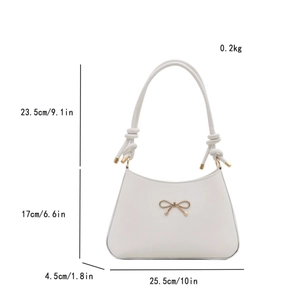 White PU leather baguette bag with golden bow and rope strap dimensions shown