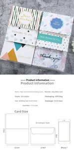 Detailed size specifications for gold-stamped greeting cards and matching envelopes