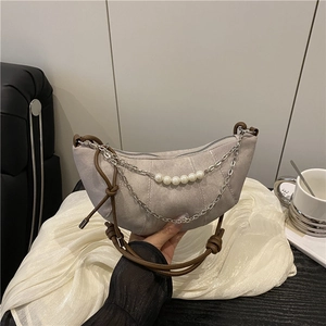 Borsa a Tracolla a Mezzaluna in Denim Vintage da Donna Con Catena di Künstliche Perle e Tracolla a Nodi Borsa a Spalla Casual Croissant