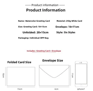 Detailed size specifications for watercolor greeting cards with envelopes in 10x15cm size