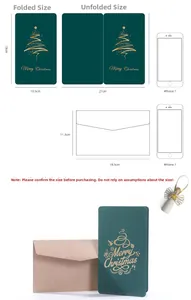 Detailed dimension guide for green Christmas card with gold foil tree and envelopes