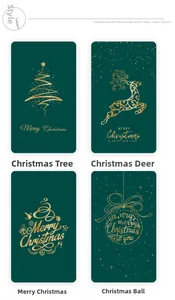 Detail of four dark green Christmas cards with elegant gold foil festive patterns