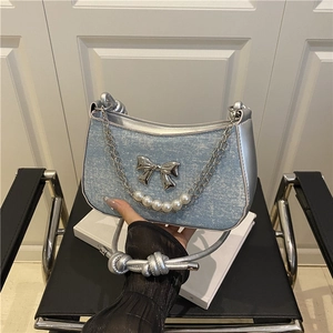 Women Fashion PU Leather Underarm Bag Bow Artificial Pearl Chain Decor Denim Texture Shoulder Crossbody Bag Sweet Y2K Style Daily Handbag