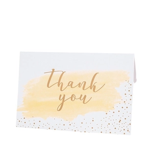 Minimalist watercolor thank you card with gold foil lettering and matching white envelope