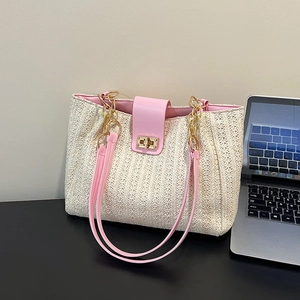 Sac fourre-tout en paille tissé à la main avec bordure en cuir rose et chaîne dorée