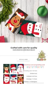 Detail of 3D cutout Christmas cards with envelopes featuring reindeer and snowman designs
