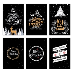 Set of 6 minimalist black and gold Christmas greeting cards with reindeer and tree designs