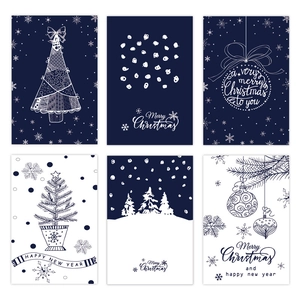 Set of 6 minimalist navy and white Christmas cards with envelopes and festive illustrations