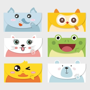 Detail view of six colorful 3D cartoon animal envelopes featuring elephant and owl designs