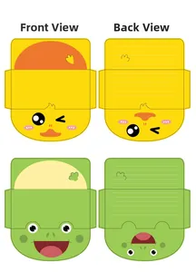 Detailed front and back views of cute yellow duck and green frog cartoon animal envelopes