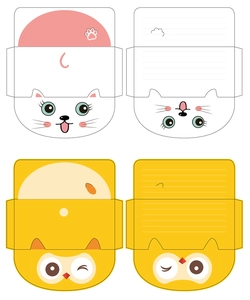 Detailed flat layout of cartoon cat and owl stationery cards with lined writing spaces