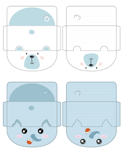 Flat layout of DIY polar bear and elephant cartoon animal envelope templates for kids