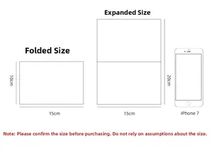 Greeting card size guide showing folded 15x10cm and open 15x20cm dimensions with phone reference