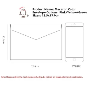 Size guide for Macaron colorful envelopes showing 12.5x17.9cm dimensions with phone reference