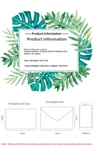 Detailed size chart of tropical plant greeting cards with 250g white card paper dimensions