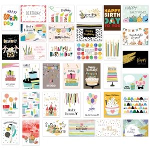 Set of 36 creative gold-stamped birthday cards with hand-drawn festive illustrations