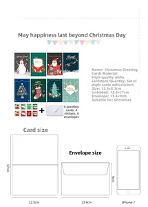 Macro view of Christmas card set including envelopes, stickers, and size dimensions