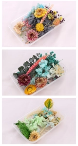 Close-up of three DIY preserved flower sets in clear boxes with assorted dried florals