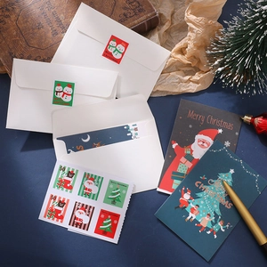 Christmas greeting cards set with envelopes and stickers on a vintage rustic background