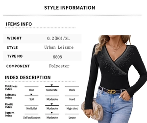 Detail of V-neck long sleeve top with rhinestone accents and polyester fabric specs