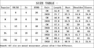 Detailed size chart for long sleeve V-neck top including S to 2XL with CM and INCH units