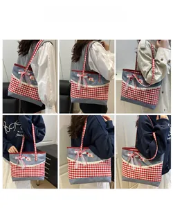 Showcase of denim tote bag with red gingham and lace details in various outfits