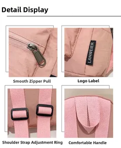 Detailed views of pink nylon backpack featuring smooth zippers and adjustable straps