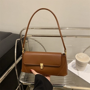 Women Baguette Bag PU Leather Underarm Shoulder Bag Minimalist Retro Ladies Small Square Handbag Solid Color Fashion Bag