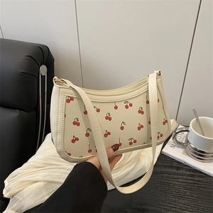 Cherry Print Underarm Shoulder Bag PU Leather Sweet Vintage Baguette Bag For Women Daily Match