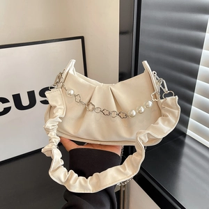Women Pleated Shoulder Bag Ruched PU Leather Underarm Bag With Decorative Artificial Pearl And Flower Metal Chain Trendy Cloud Handbag