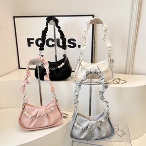 Chic pleated hobo bag with pearl chain in pink silver black and white colors