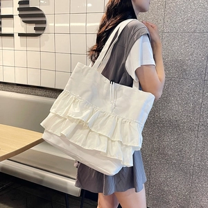 Ruffle Pleated Nylon Tote Bag Large Capacity Drawstring Shoulder Bag Lightweight Casual Streetwear Fashion Women