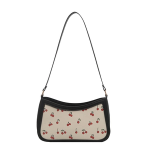 Borsa a spalla retrò con stampa a ciliegia e finiture in pelle nera per la moda